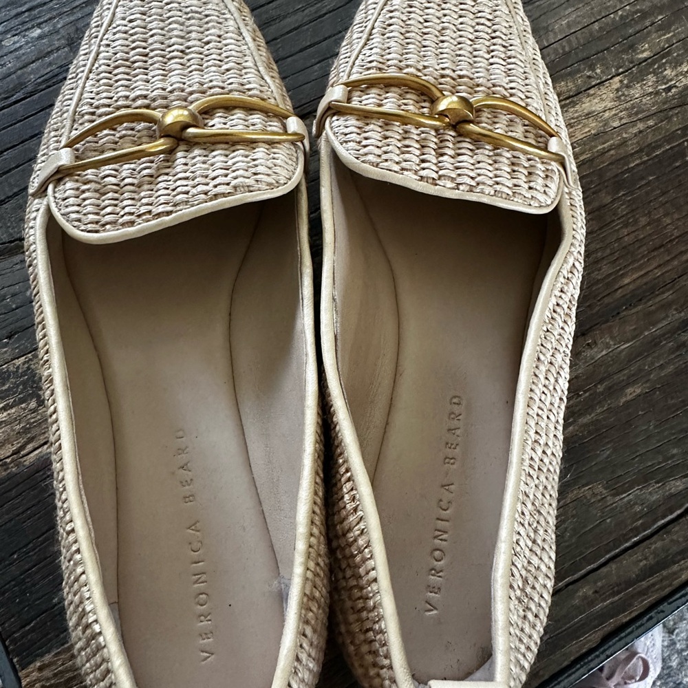 Veronica Beard Cream Woven Loafers with Gold Horsebit
